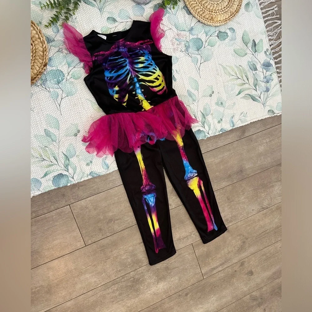 Vintage Halloween Costume Black Vibrant Colored Skeleton Jumpsuit Romper Girls